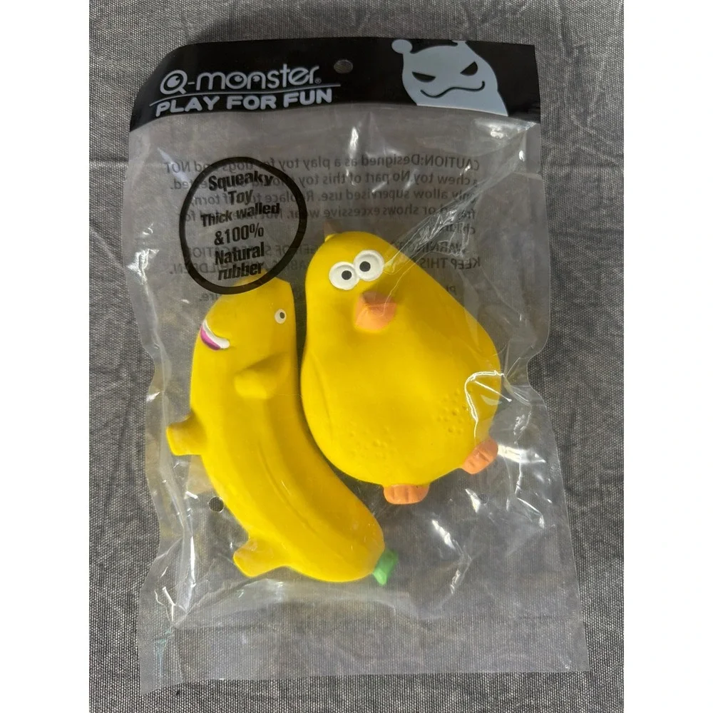 Q-monster Dog Toy OS Play For Fun Yellow Squeaky Natural Rubber 2 Pack NEW